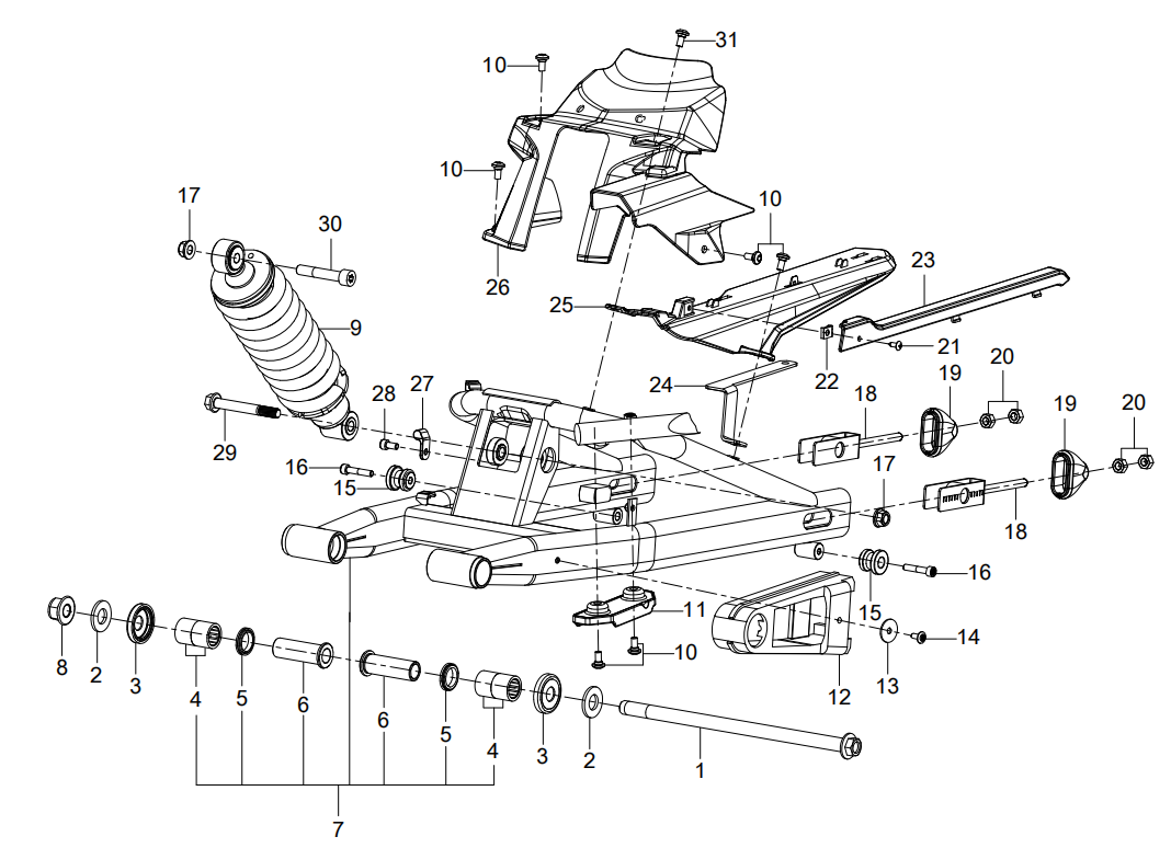 F08 REAR SWINGING ARM ASSY.